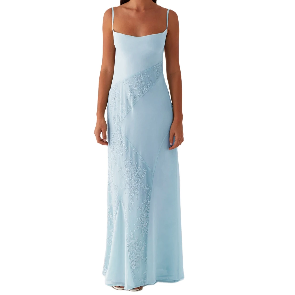 ผู้หญิงหรูหราเย็บปักถักร้อยชุดยาวลูกไม้ Patchwork Cami ฤดูร้อน Tie-Up Backless สปาเก็ตตี้ชุดสายคล้อง