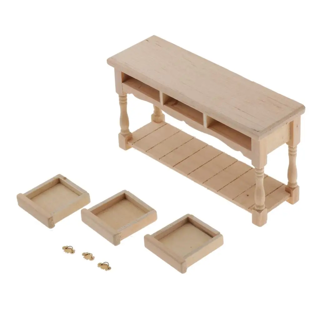 1:12 صانعة حجرة طعام خشبية مصغرة غير مطلية مع 3 أدراج