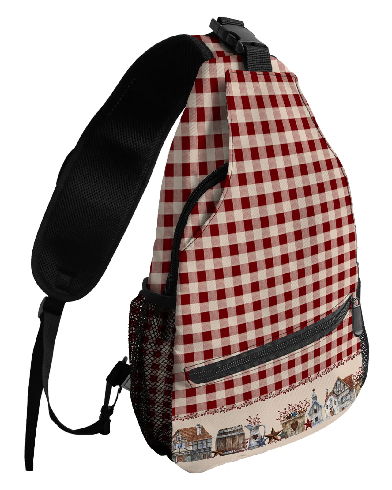 Country Star Berry Retro Red Plaid Chest Bags for Women Men Waterproof Shoulder Bag Outdoor Travel Sport Crossbody Bag