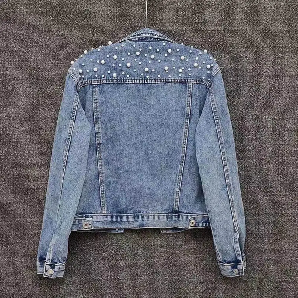 Button Design Women Coat Women Coat Stylish Winter Women's Denim Coat with Bead Decor Chest Pockets Plus Size Long for Casual