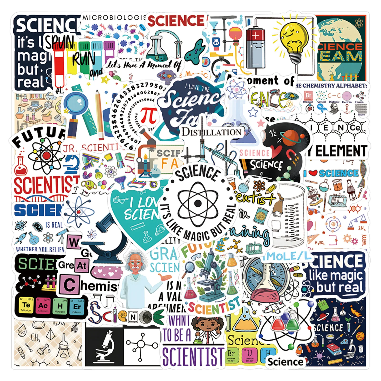 

55PCS Science Fair Stickers Chemistry Lab Digital English Cartoon Style DIY Decorative Notebook Waterproof Stickers Kids Toy