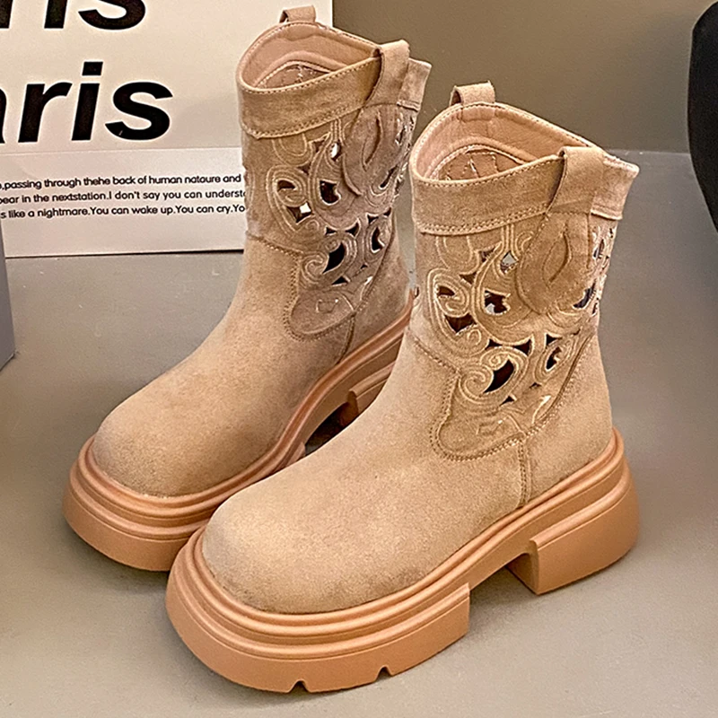 Botas cortas ahuecadas con plataforma gruesa para mujer, zapatos de ocio con punta redonda, sin cordones, sexys, Otoño, 2024