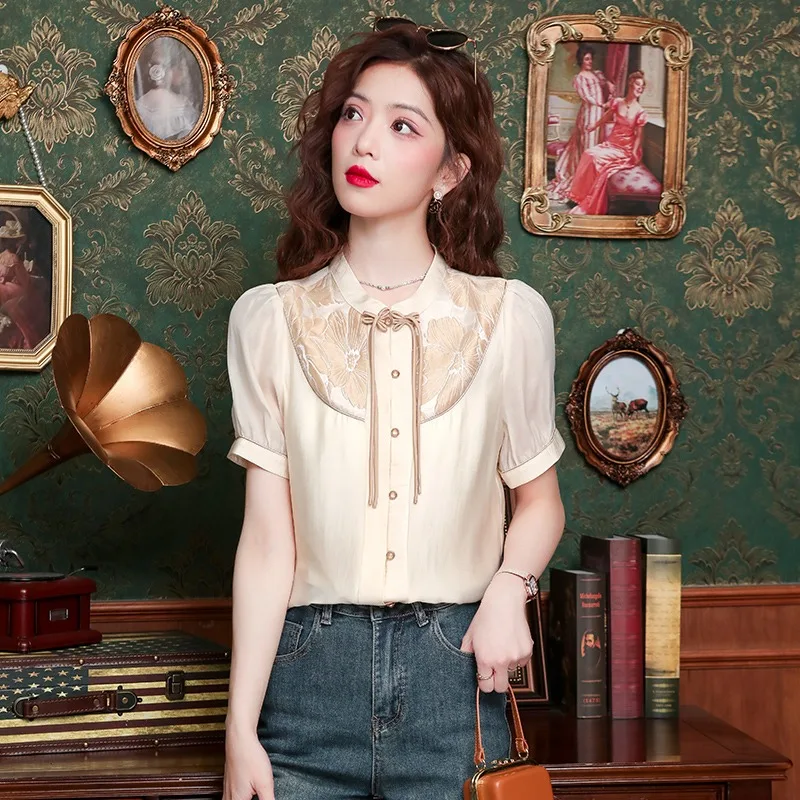 

Satin Women's Shirt Summer Vintage Prints Blouses Loose Chinese Style Women Tops Short Sleeves Fashion Clothing