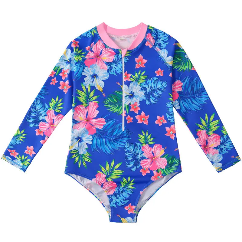 Children\'s Swimsuits Summer Girls Long Sleeves Mermaid Print One-piece Swimsuit 2-10Years Kids Sun-proof Surf Suits Quick Drying