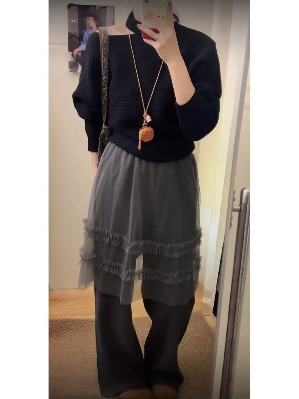 

Ballet Style Ruffle Thin Mesh Skirt Wide Leg Pants Women's Autumn Winter Fleece High Waist Slim Fit Long Trousers