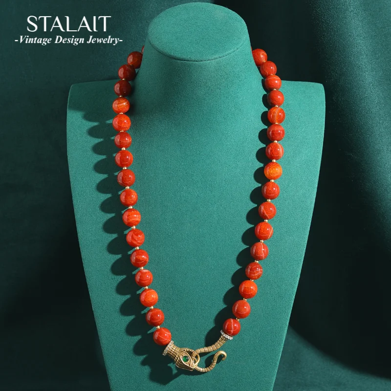 

Vintage Red Agate Glass Chain Beaded Necklaces Snake Head Retro Antique Gold Color Jewelry For Women Accessories Party New In