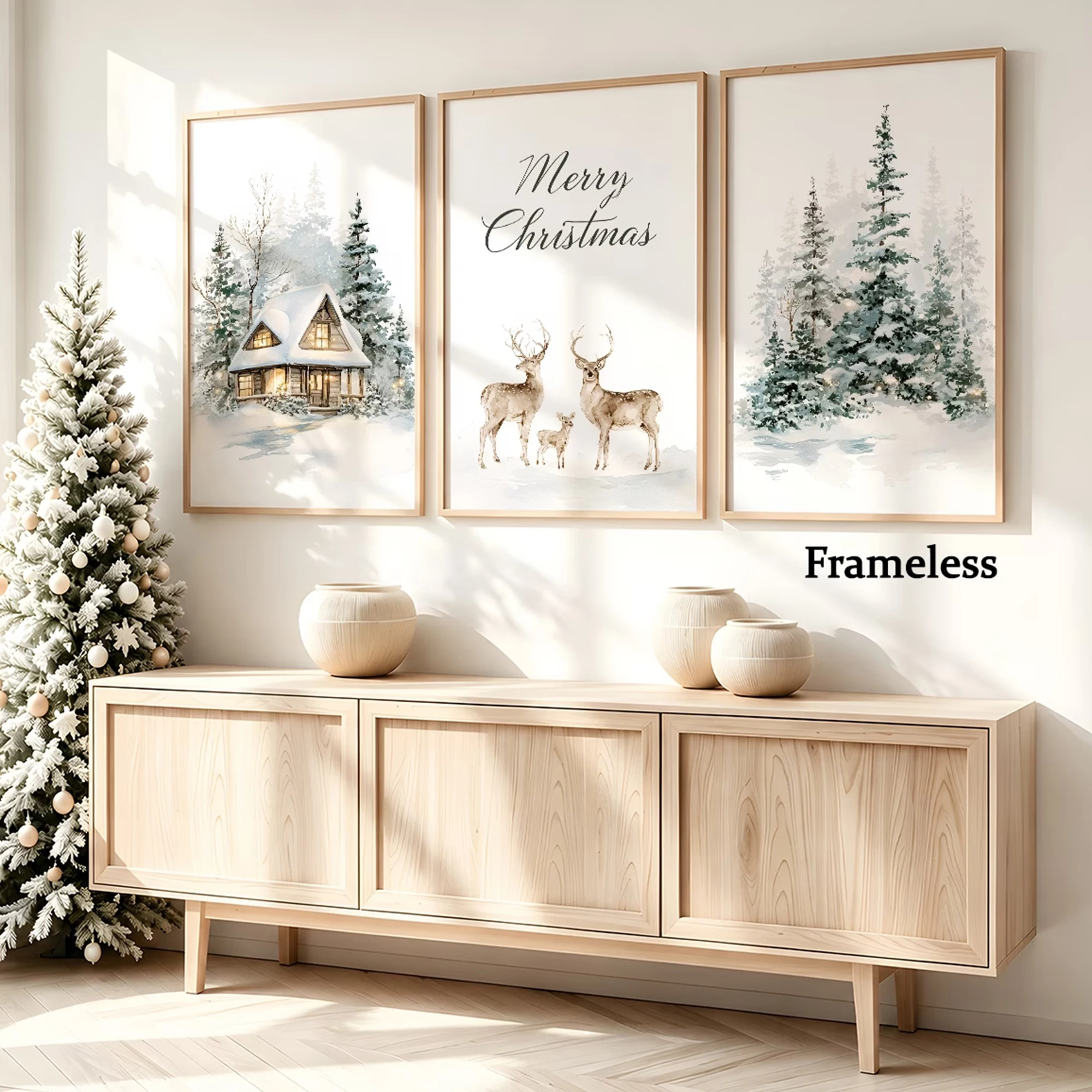 3pcs Modern Christmas Reindeer In Snowy Forest Wall Art Print Canvas Painting Poster Picture For Living Room,Bedroom Home Decor
