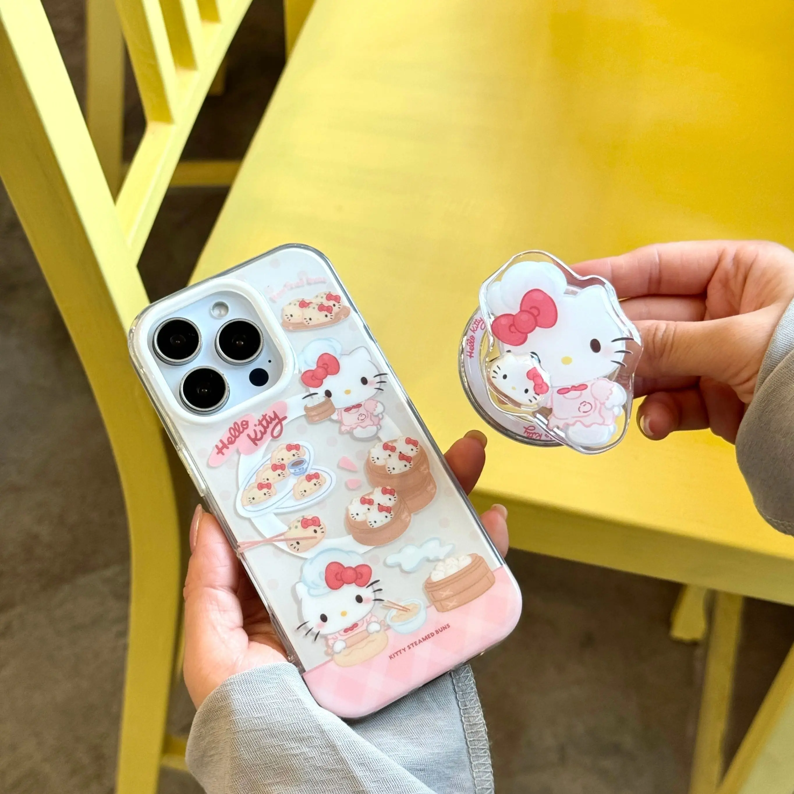 Cute Hello Kitty Dim Sum Phone Case With Matching PopSocket For iPhone 14/15/16/17, Kawaii Pink Clear Shockproof Protective Cove - view 6
