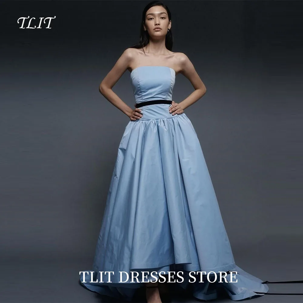 فساتين سهرة أنيقة من قماش التفتا الأزرق على شكل حرف a من TLIT بدون حمالات وشاحات سوداء فساتين حفلات مناسبة رسمية مخصصة فيستدوس دي نوش