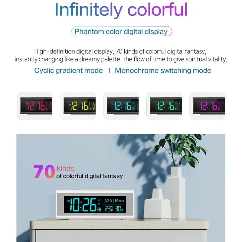 70 لون منبه رقمي درجة الحرارة تاريخ الرطوبة مع 9 ألوان RGB المزاج ضوء 2 إنذار غفوة ساعة الطاولة 12/24H DST ساعة ليد