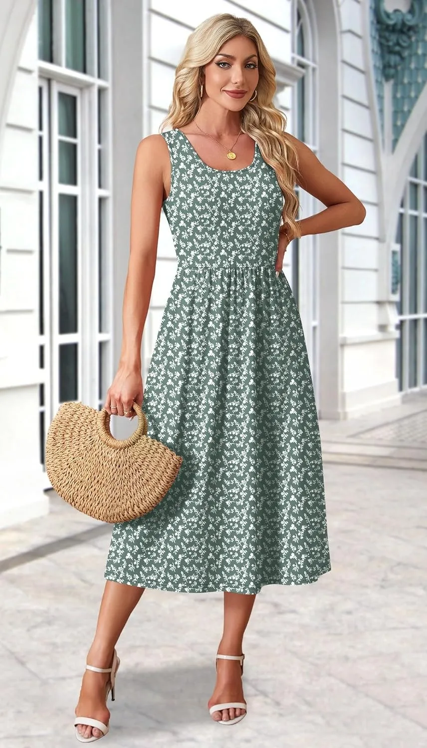 2026 Sommer Neue Kleider für Damen Bedrucktes Lässiges Midikleid Modisches Ärmelloses Rundhals-Strandkleid mit Taschen – Detail 5
