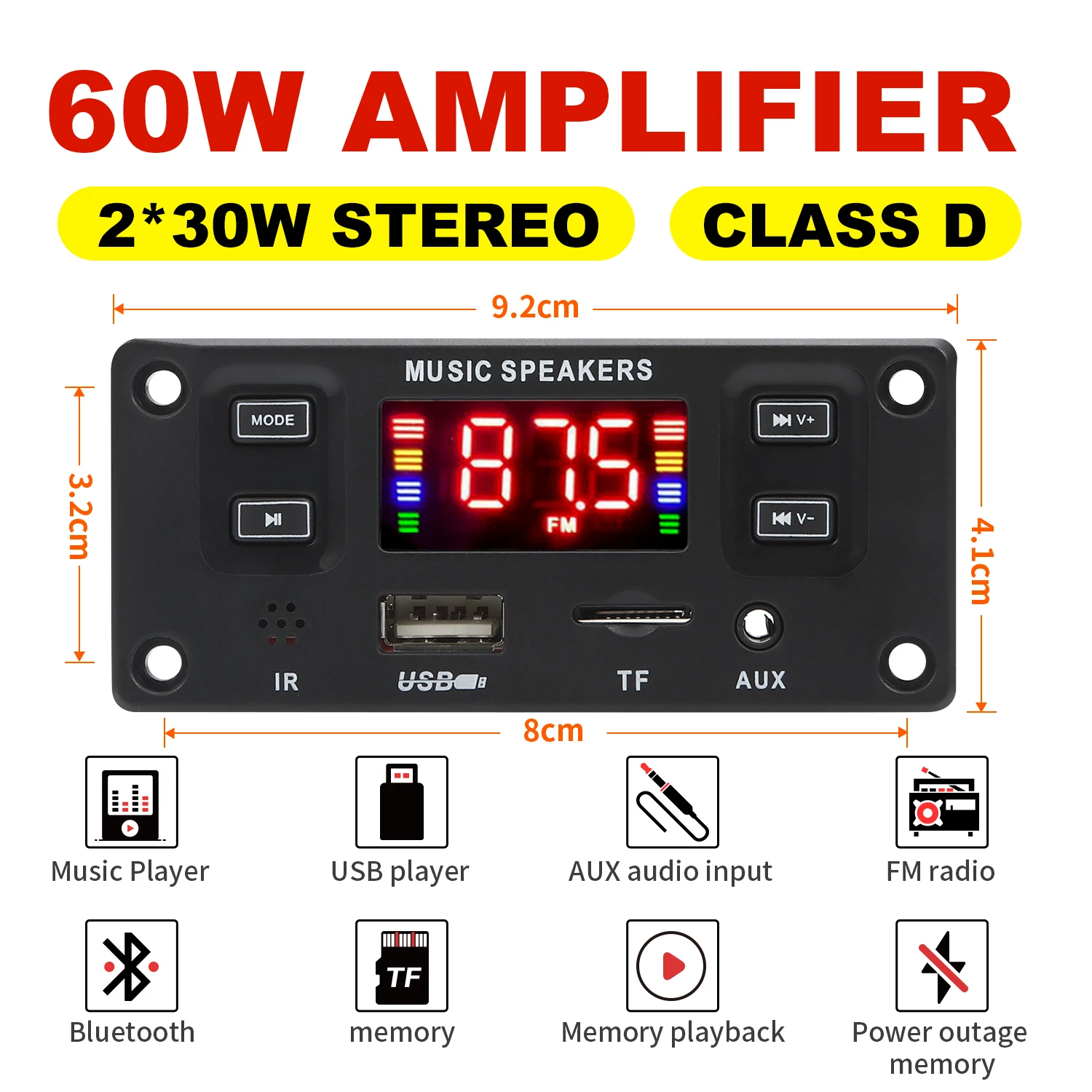 Amplificateur Audio de Voiture USB TF FM Radio AUX Tech Bluetooth 5.0 12V, Carte Décodeur MP3 WMA Lecteur MP3 avec Télécommande, 2x30W 60W