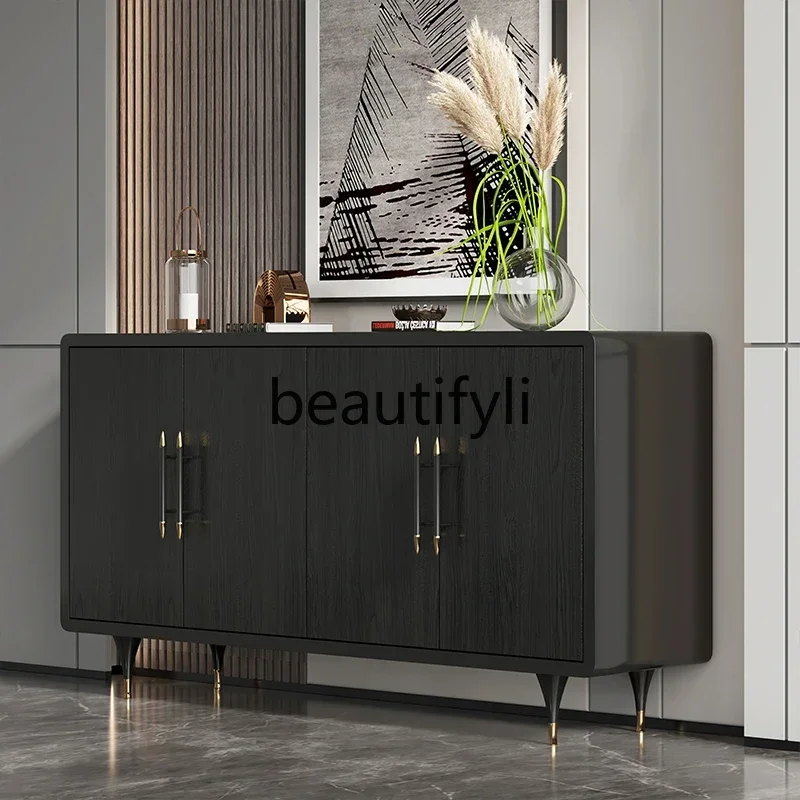 

02 Minimalist porch cabinet, light luxury style, modern and simple living room, wall, black solid wood cabinet, dining side cabi