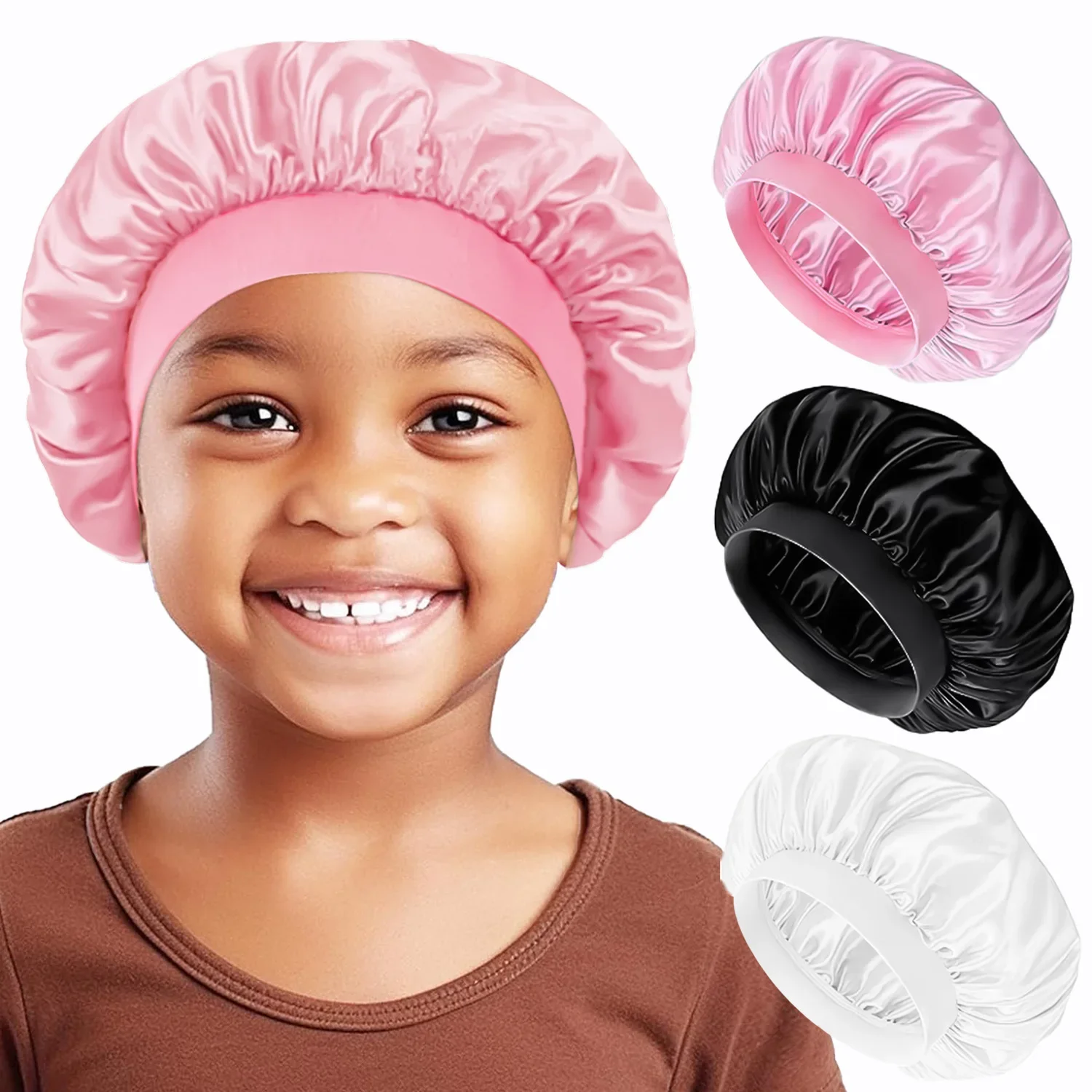 Baby Kids Satin Wide Band Sleeping Hat Black White Pink Blue Purple Bonnet Cap Turban Hat Wide Elastic Bands Night Sleep Cap