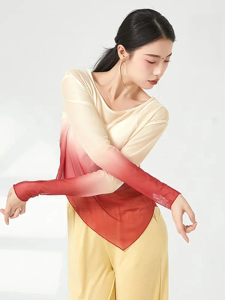 

Сетчатый сценический костюм Kpop, топы для латинских танцев, женские топы для косплея, классические джазовые градиентные соревнования, современная футболка Hanfu Line с длинными рукавами