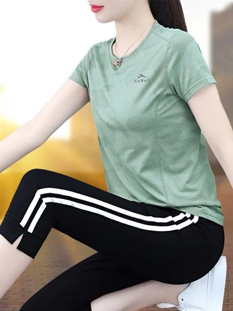 

Qui Dry Sports Wear Set Women's Summer 2026 Casual Breathable Thin Ice Silk ort Sve Seven Pants Two Piece Set