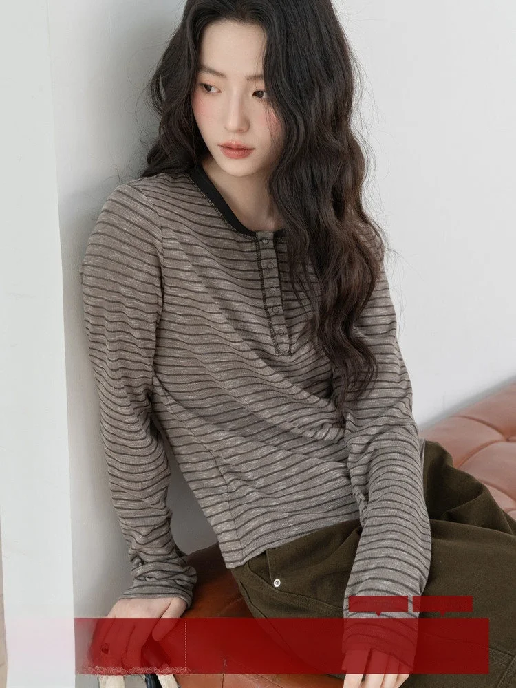 

MoZa Vintage Striped Design Long Sve T-irt Women's Base Layer Inner Wear Top Korean Sle Loose Fit Commute Wind Cotton ...