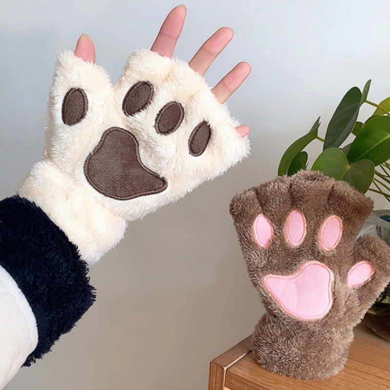 Kawaii Cat Claw Paw Plush Gloves Women Winter Warm Short Fingerless Gloves Fluffy Bear Cat Mittens Costume Half Finger Mittens