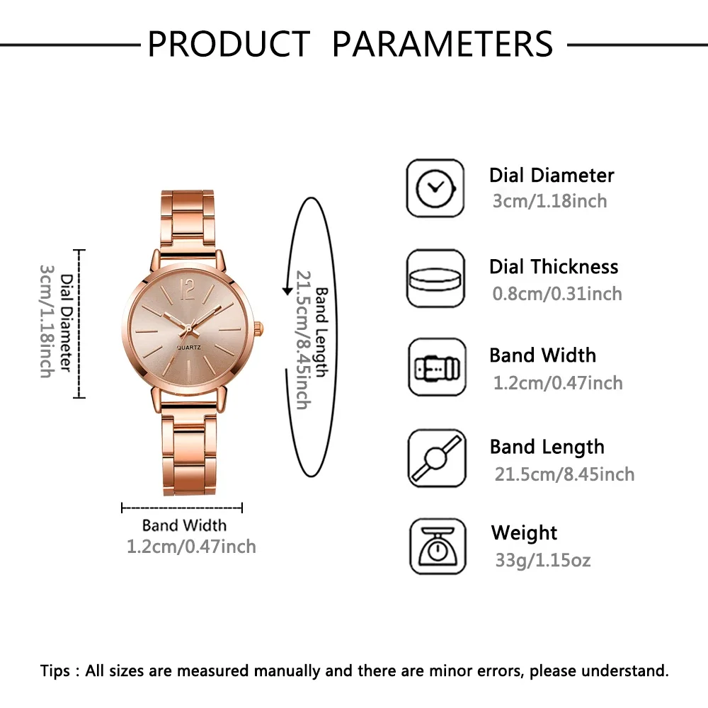 Ladies Rose Gold Watch Bracelet 4Pcs Set, Rhinestone Quartz Wristwatch, Boxes Not Included