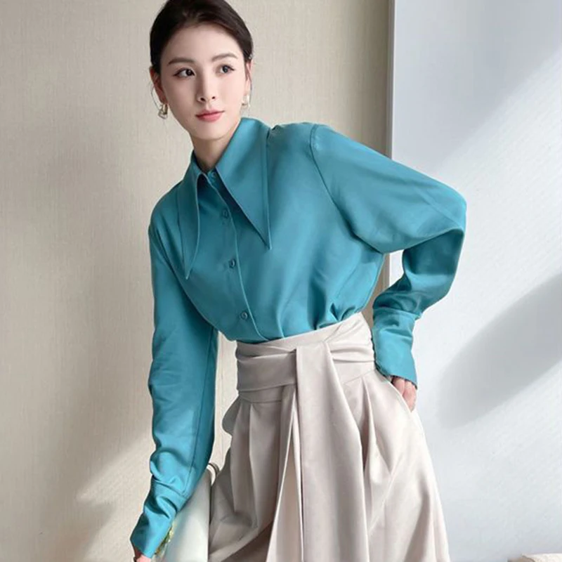 Y2k Women Blue Chiffon Shirts Korean Elegant Loose Pointed Collar Female Casual Blouse Autumn New Chic Office Button Ladies Tops