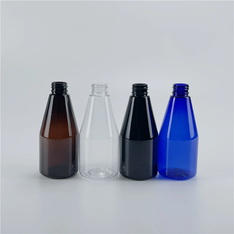 Clear Black Brown Blue 200ML X 25 Plastic Conical Bottles With Essential oil Pump Massage Oil Cleaning Oil Cosmetics Containers