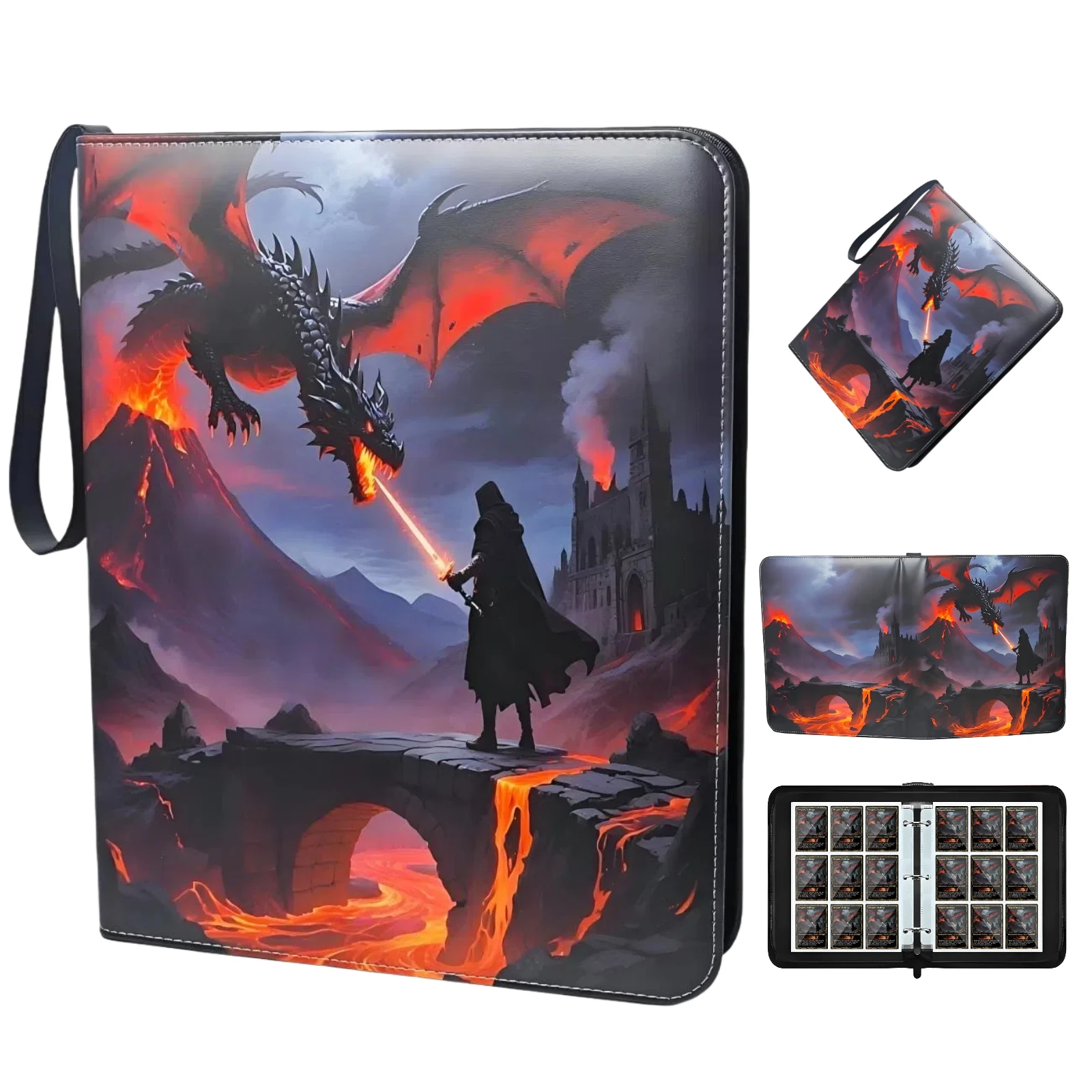 حافظة بطاقات محمولة مكونة من 9 جيوب لبطاقات التداول Tcg، مناسبة لبطاقات Tcg/Ptcg/Ygo، أكمام بطاقات شفافة على الوجهين، مقاومة للماء، يمكن أن تحمل 900 بطاقة، ثلاثية المحاربين: أسود - Dragon Battle Lava، هدية عيد الميلاد، هدية عيد الميلاد