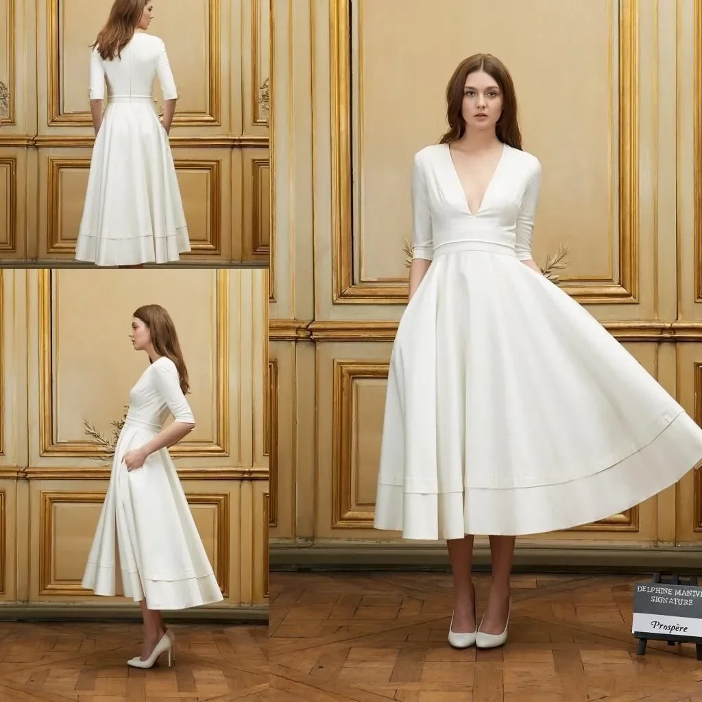 tea length short a line beach wedding dresses v neck half sleeves cheap bridal gowns robe de marie custom wedding dress