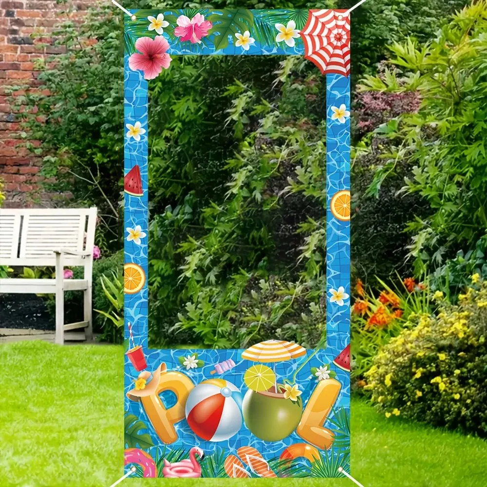 Summer Pool Party Photo Booth Frame, Tropical Flower Flamingo Watermelon Print Backdrop for Pool Luau Party Decor Supplies