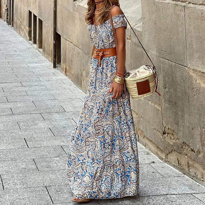 Vestido de verano estampado Vintage para mujer, manga corta, un hombro, largo, bohemio, informal, cintura delgada, línea A, vacaciones