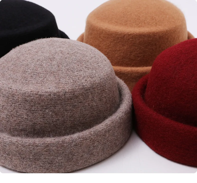 Elegant Rolled Brim Bowler Hat Ladies 90% Wool Solid Color Vintage Design Autumn Winter Outdoor Headwear Fashion