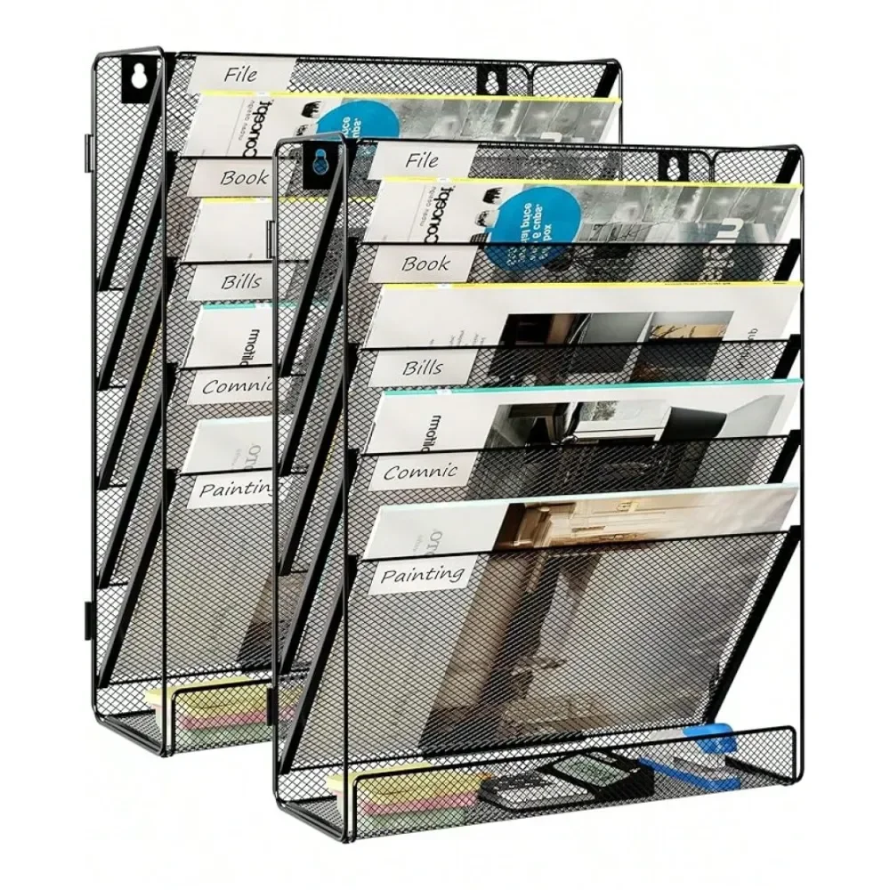 

Wall File Holder 5 Tier Vertical Hanging File Organizer Wall Mount Paper Folder Rack With Bottom Flat Tray Office And Home,Blac
