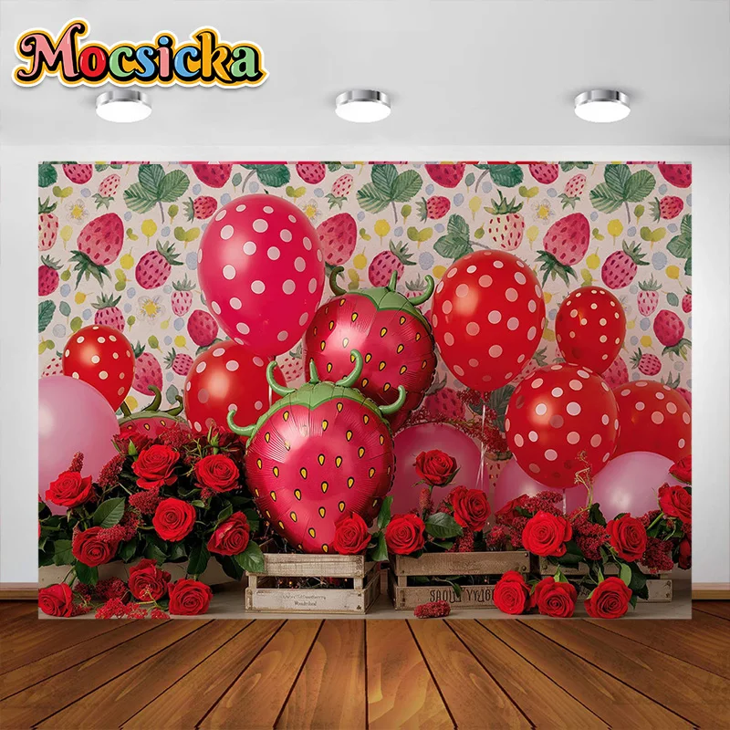 Mocsicka التصوير خلفية الأحمر الفراولة مخزن بالون الديكور خلفية لاستحمام الطفل الوليد حفلة عيد ميلاد الدعائم