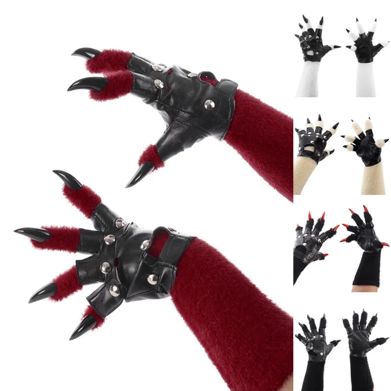 

Punk Leather Gloves Cosplay Handmade Accessories Props Plush Claw Gloves Furry Gloves
