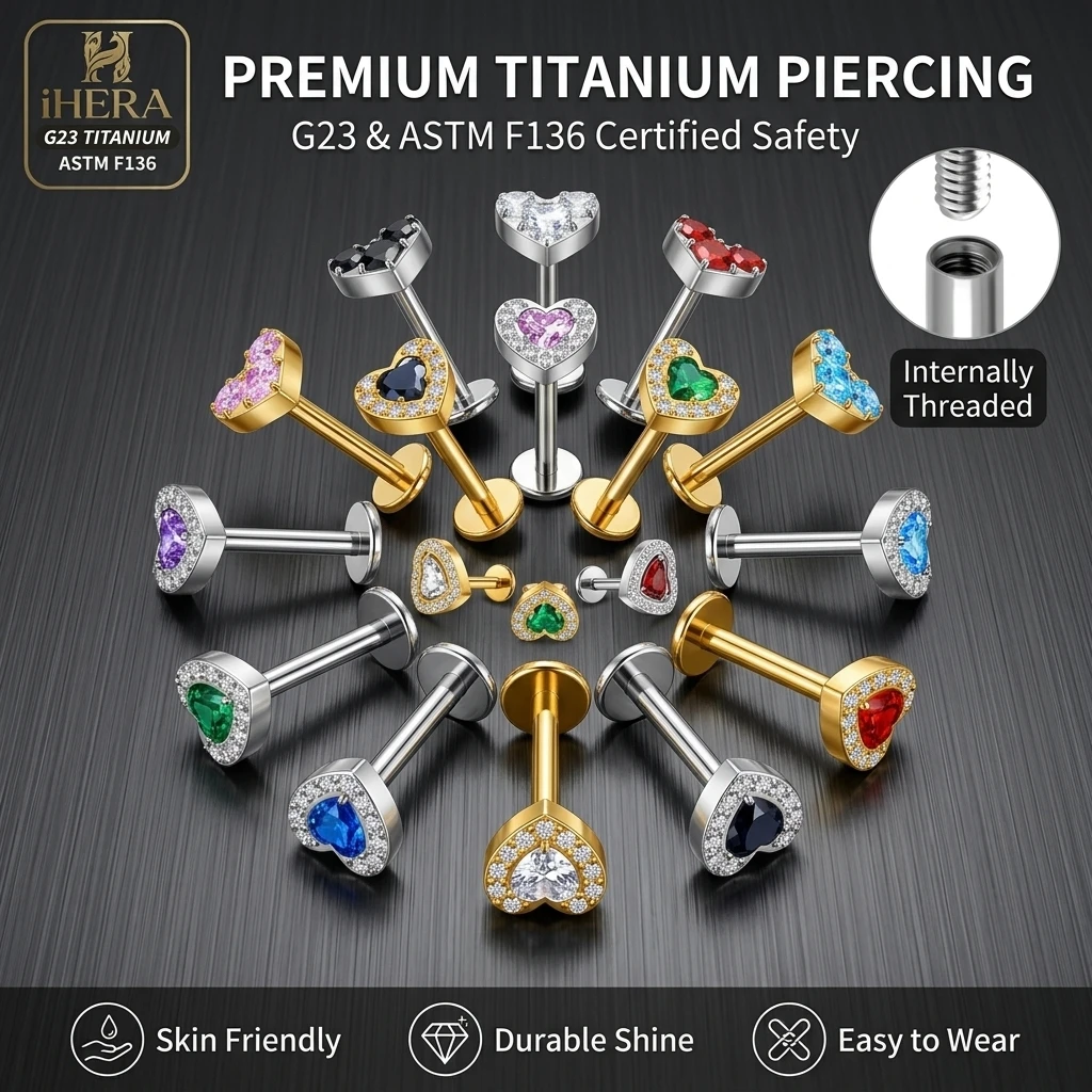 

G23 Titanium Labret Flat Back Heart Marquise CZ Internally Threaded Stud Lip Ear Tragus Cartilage Piercing Body Jewelry Bulk Set