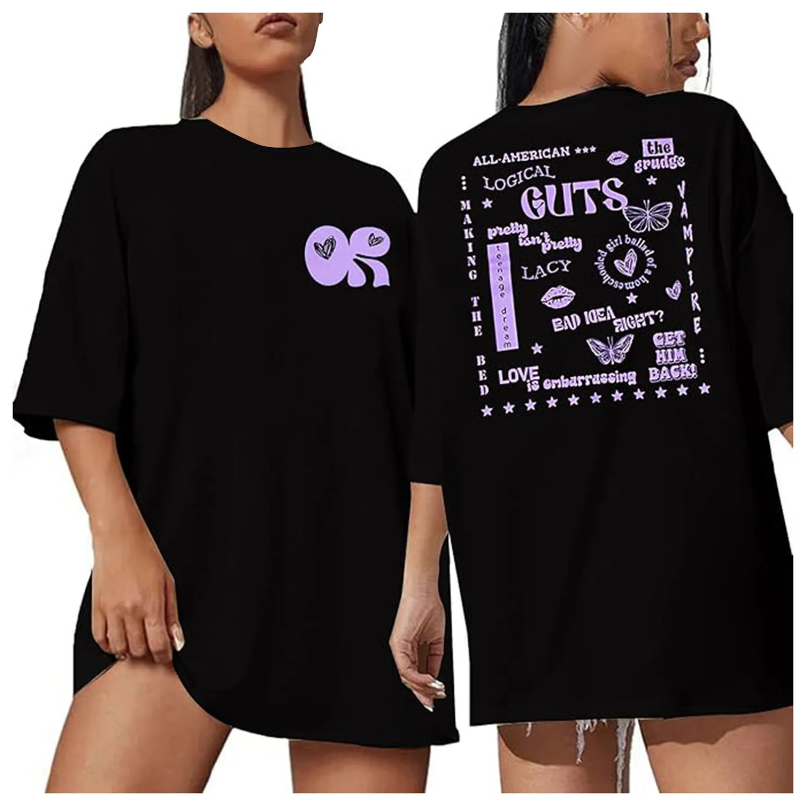 

Women'S Double Print Drop Shoulder T Shirt Casual Round Neck Short Sleeve Graphic T-Shirt American Street Oversize Guts Tees