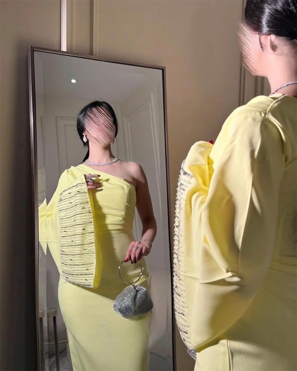 Customized Evening Dress Exquisite Jersey One Shoulder Long Sleeves Straight Floor Length Beading Ruched Special Occasion Gowns