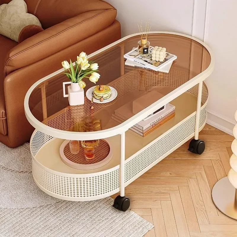 for Simple Sofa Small Apartment Oval Edge Few Living Room Cream Wind Coffee Table Small Table Bedroom Glass Mobile Trolley