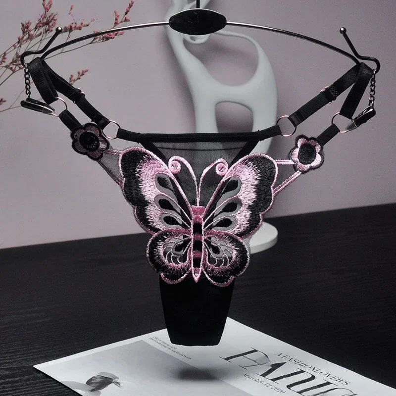 String Sexy en dentelle pour femmes, culotte taille basse papillon, cordes G, slip en maille transparente, taille réglable