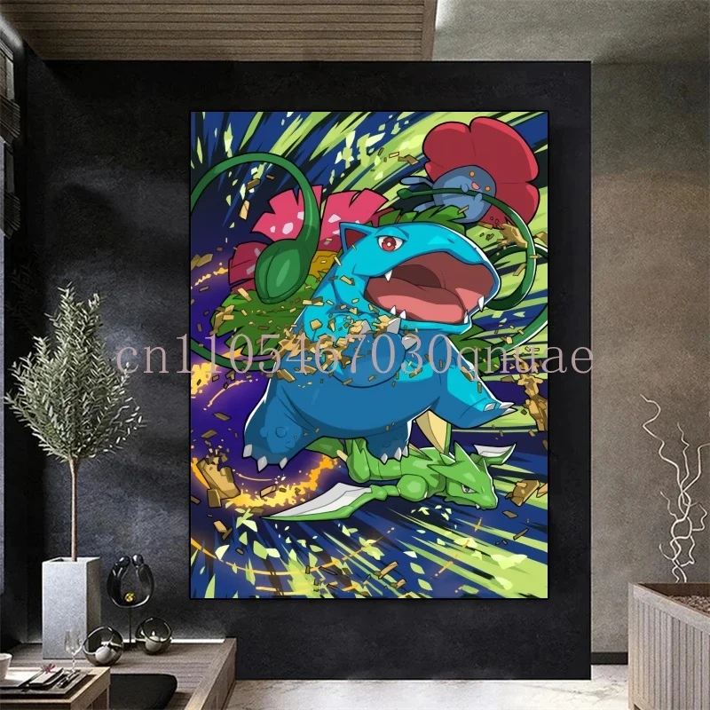Kanvas Pokemon Anime Periferal Bulbasaur Poster Gambar Seni Cat Air Lukisan Kanvas untuk Hadiah Dekorasi Dinding Kamar Tidur Anak-anak