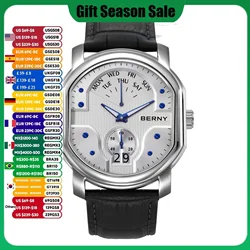 BERNY Luxury Swiss Men Wristwatch Quartz Ronda 7004N Day Date Wristwatch Stainless Steel Sapphire Pendulum Dial Watch for Men