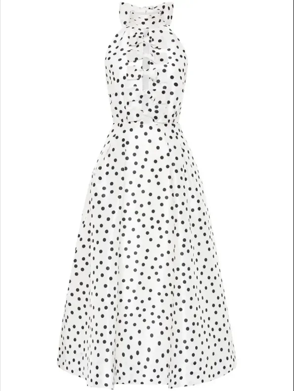 Abiti da ballo a pois bianchi neri con fiocco ritagliato Abiti da festa eleganti Senza maniche alla caviglia con motivo a spalle scoperte