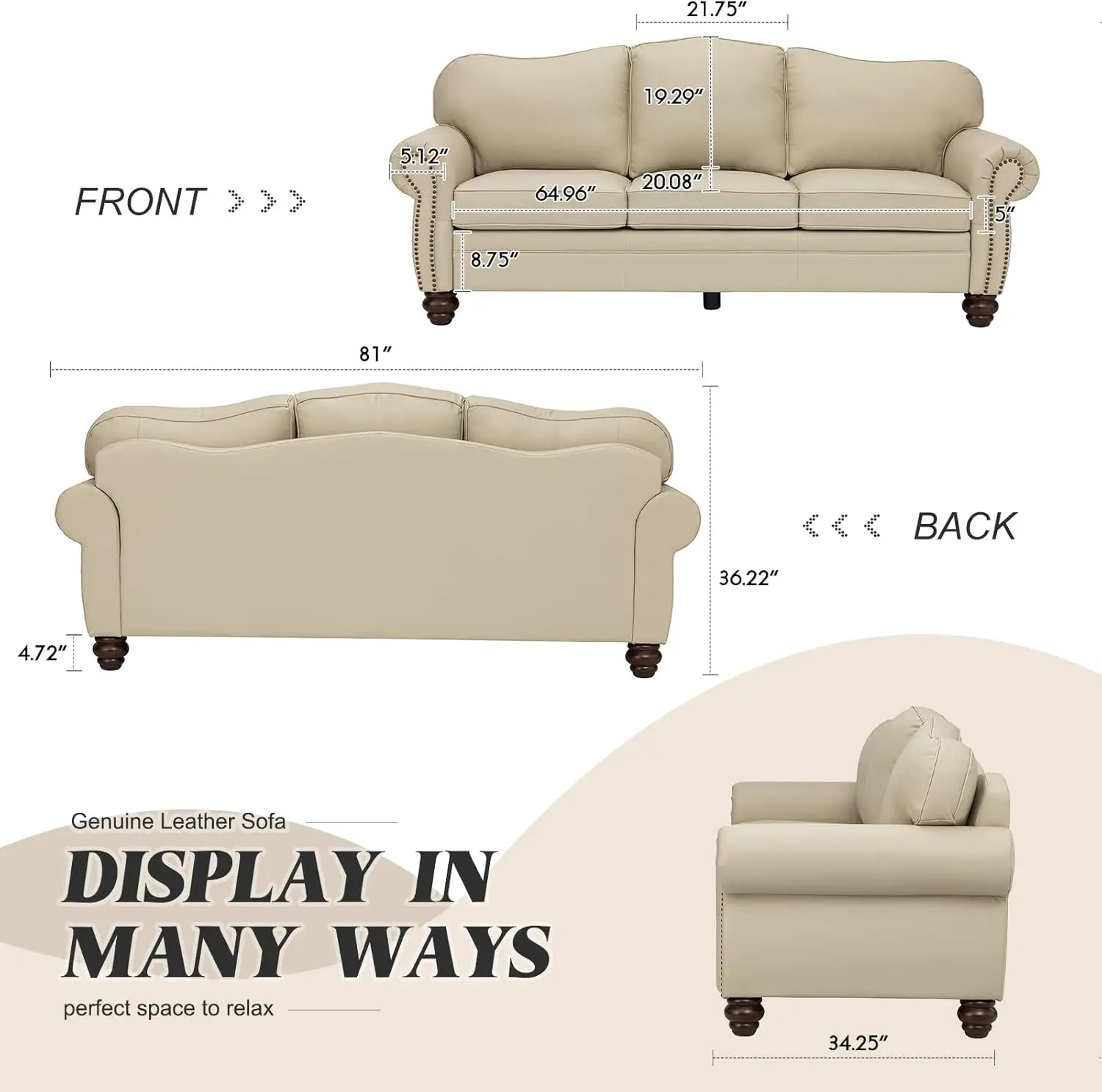 81'' Upholstered Leather Sofa with Nailhead Trim and Rolled Armrests Mid-Century Modern Living Room 3-Seater Couch Beige