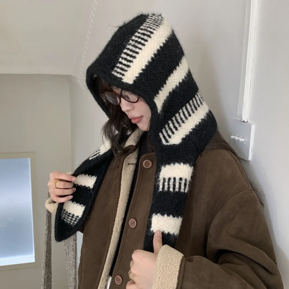 Cute 2-in-1 Hooded Scarf for Women Windproof Keep Warm Winter Knitted Scarf Soft Thicken Stripes Hat Scarf Autumn Winter