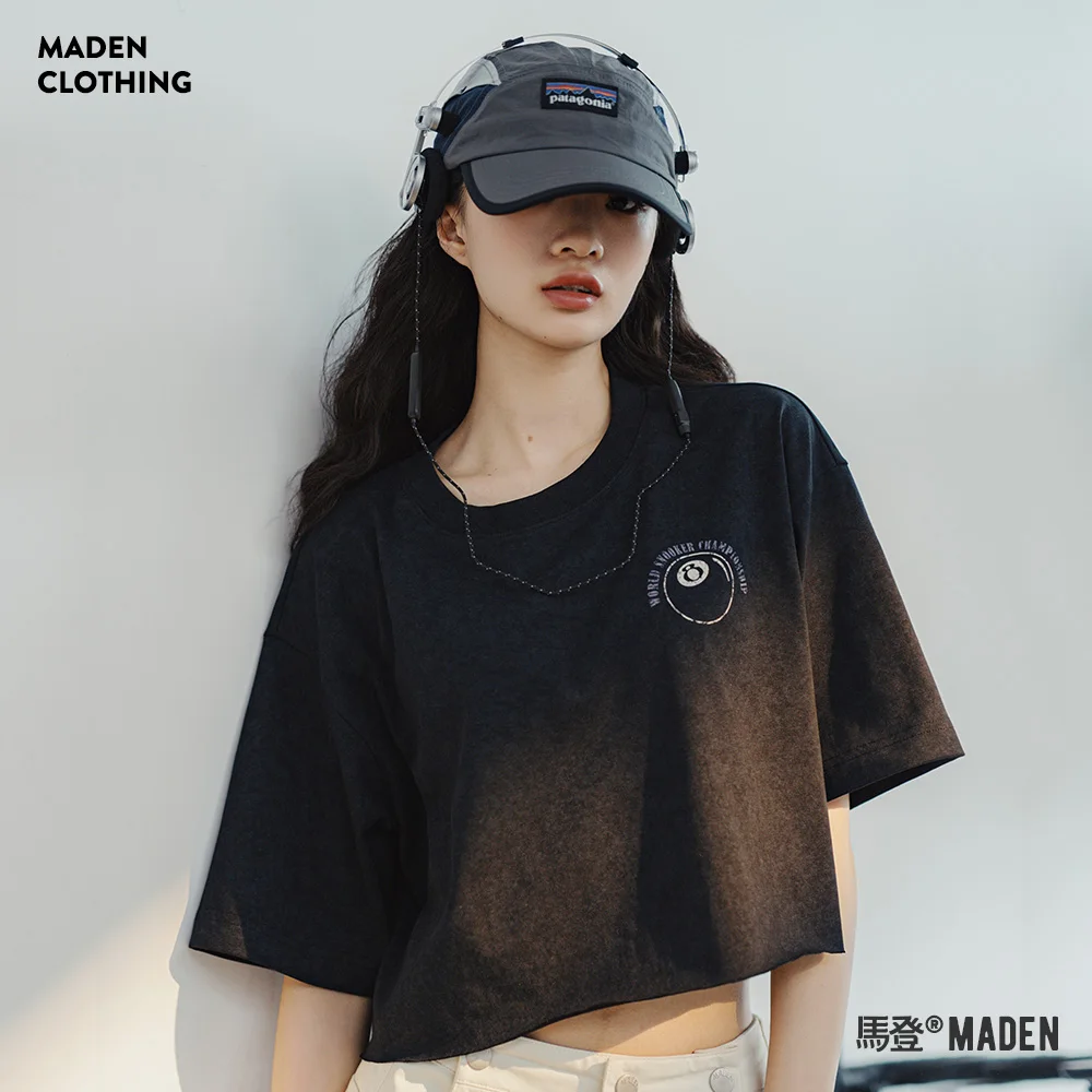 Maden Short Crop Top for Women Black Printed Batik Short Sleeve T-shirts Summer Loose Tees Basic Versatile Tops Female T Shirt