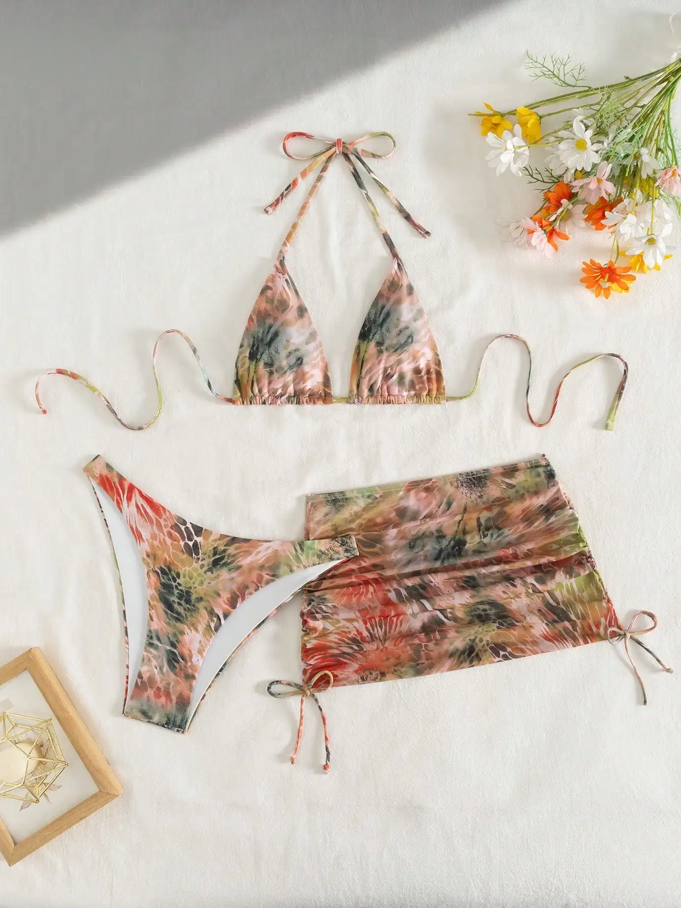 

Комплект из 3 предметов: бикини с принтом и юбкой в стиле бохо для пляжа, пляжная одежда для женщин