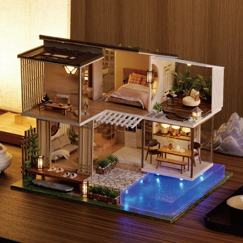 DIY Wooden Modern Loft Casa Miniature Building Kits Assembled Dollhouses With Light Bookshelf Home Decor Friends Birthday Gifts
