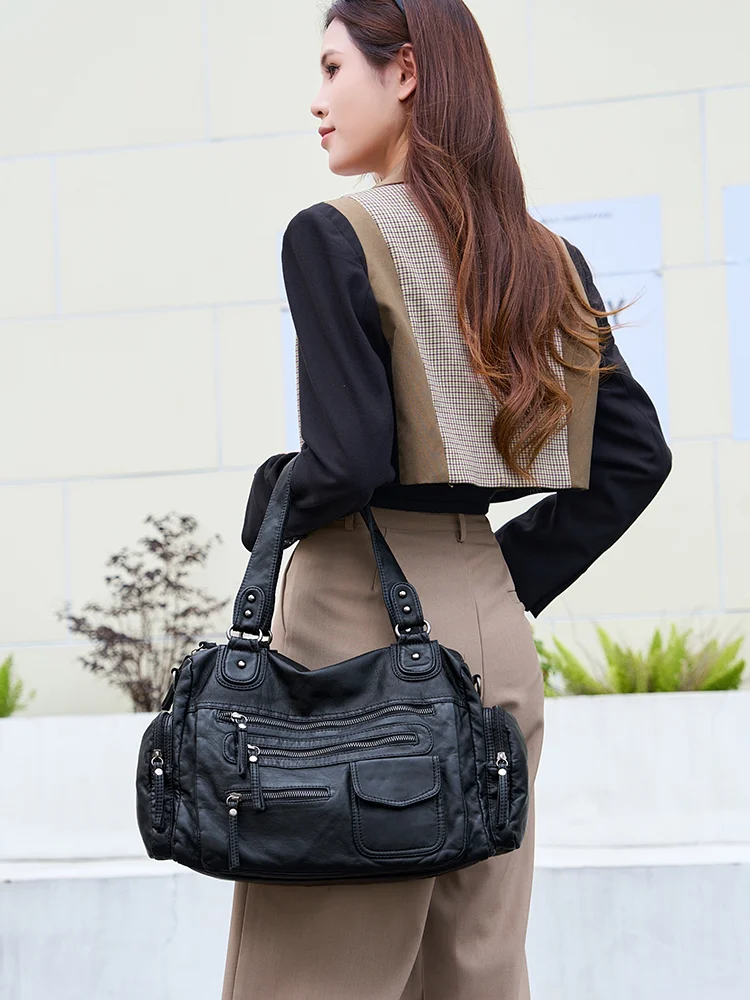 2025 retro preto sacos de ombro feminino couro do vintage macio chique casual bolsa tote feminino harajuku estética crossbody sacos