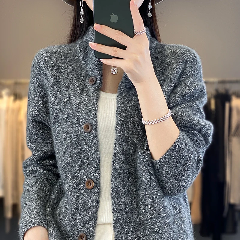 

Модный кардиган из 100% мериносовой шерсти, новый осенне-зимний кашемировый кардиган с воротником-стойкой, повседневный однотонный теплый топ с длинными рукавами