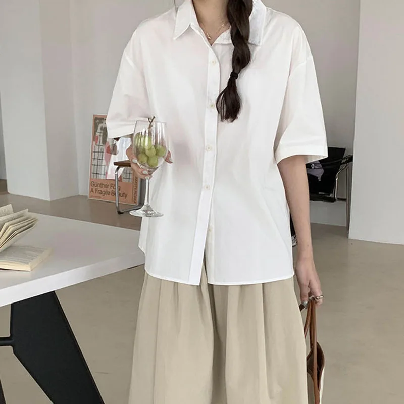 Xpqbb Casual Short Sleeve Shirt Woman Summer All-match Loose Turndown Collar Blouse Female Korean Simple Button Up Work Shirts