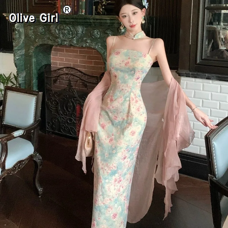 olivegirl-中国風チャイナドレス夏の女の子のための優しいネックハンギングサスペンダーレトロノースリーブファッション袍ドレス